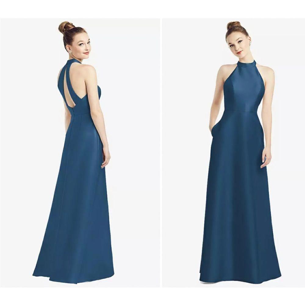 Elegant Dusk Blue Satin Halter Dress - Size 14